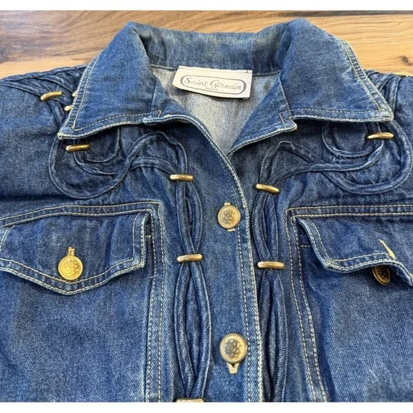 Vintage 80s Denim Jacket Rope Trim Gold Buttons Oversized Western - Picture 12 of 12